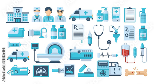 Wallpaper Mural A collection of medical icons and illustrations, depicting healthcare equipment, personnel, and facilities in a flat design. Torontodigital.ca