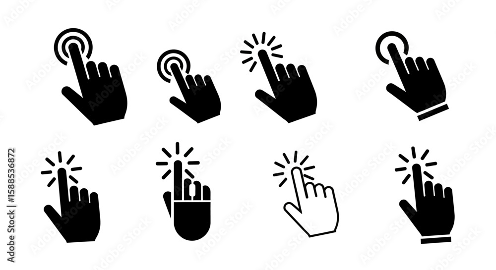 Fototapeta premium Collection of black and white hand cursor icons for clicking and selecting.