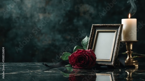 Empty frame red rose candle remembrance grief mourning loss sorrow death memorial tribute dark background