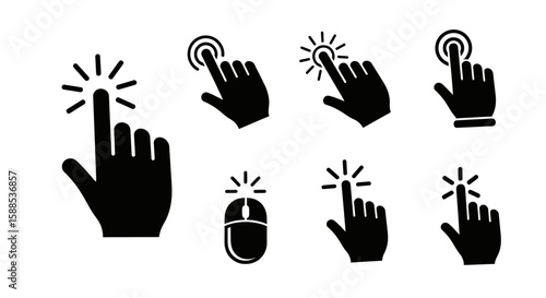 Collection of black and white hand icons depicting various mouse clicks and touch screen interactions.