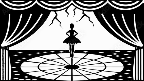 Silhouette of a ballerina on stage with curtains and cracks, theatrical performance in black and white