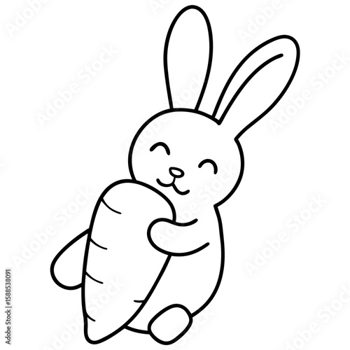 Cute bunny holding carrot tightly with joy Line Art Vector illustration