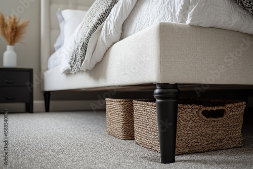Low-angle close-up of bed base and footboard with white headboard, black legs, basket under bed on grey carpet in neutral-toned open-concept bedroom