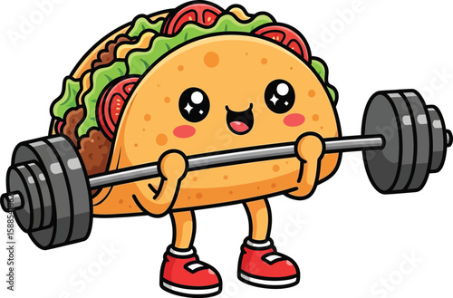 A happy taco character lifting weights at the gym