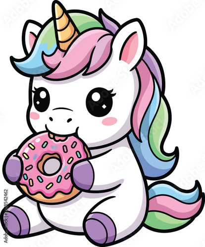 Cute cartoon unicorn eating a pink donut isolated on white background