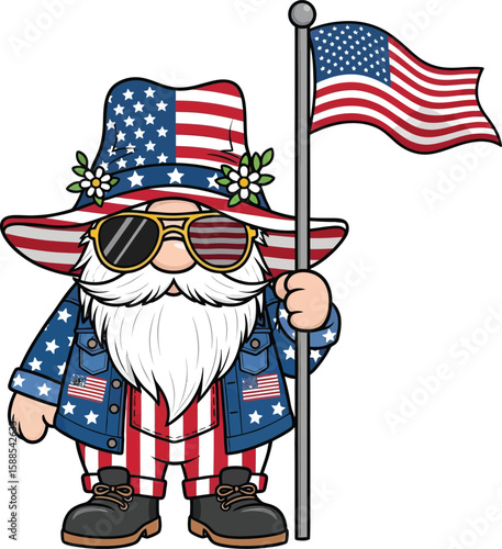 Patriotic gnome wearing american flag hat and vest holds flag