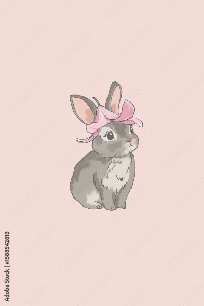 Obraz premium Cartoon Bunny with a Pink Flower on Its Head on Solid Pink Background - Cute Girls Nursery Art or Holliday Card Illustrations, Print, Poster 