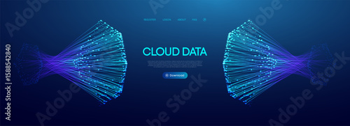 Cloud data flow abstract background. Big Data ai and digital line circle connections. Futuristic tech network for secure iot servers or 3d information space. Neon particle torus system in light univer