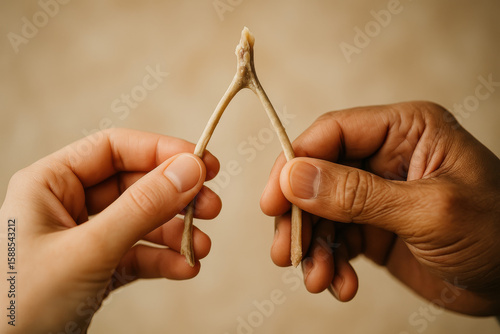 Shared Destiny: Two pairs of hands, in a moment of shared intimacy, grasp a wishbone against a serene background, embodying the promise of dreams.