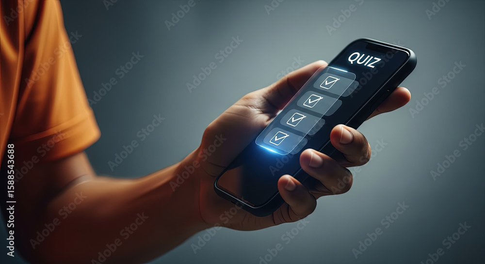Fototapeta premium Taking a Quiz on Smartphone: Online Education and Assessment Concept with Checklist. Modern Digital Learning and Interactive Mobile Exam Experience.