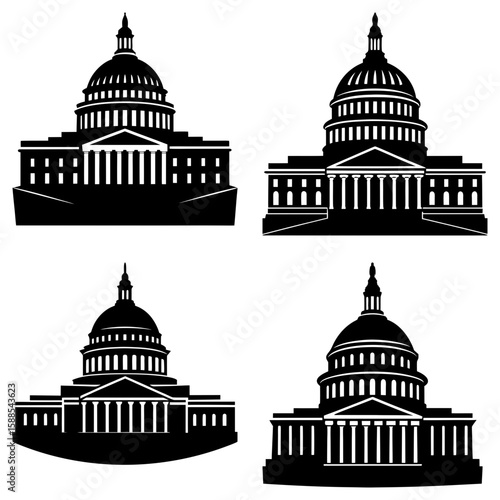Four black and white silhouette illustrations of the united states capitol building on a white background