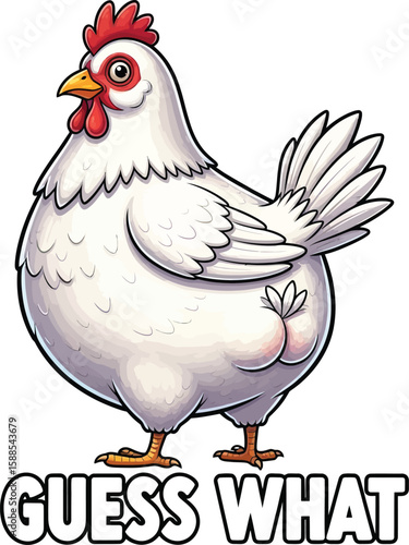 A funny cartoon chicken says guess what isolated on white background