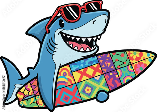 A cool shark wearing sunglasses holds a colorful surfboard on white background