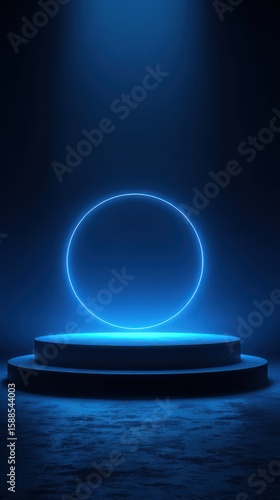 Stunning photo of background podium 3D light neon blue platform stage product abstract. Scene background 3D podium dark pedestal room glow studio empty stand floor night modern.