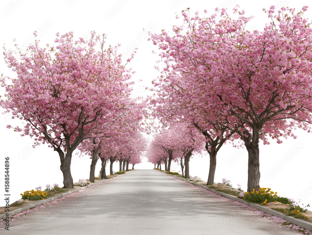 Naklejka premium A picturesque avenue of cherry blossom trees in full bloom, their pink petals creating a stunning canopy along a tranquil road.