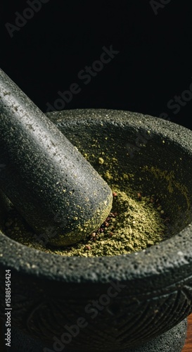 Dark mortar and pestle with green spice