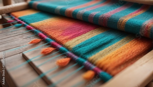 Colorful handwoven fabrics on a loom, handcrafted for durability and quality