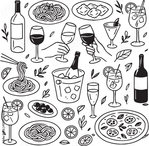 Italian Food and Wine Doodle Icons – Hand-Drawn Vector of Pasta, Pizza, and Drinks