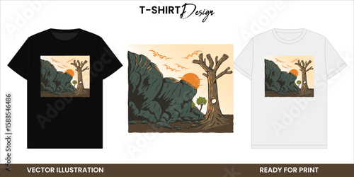 Sunset Forest Cliff Vector T-shirt Design or Print and Sticker. Retro Nature Illustration