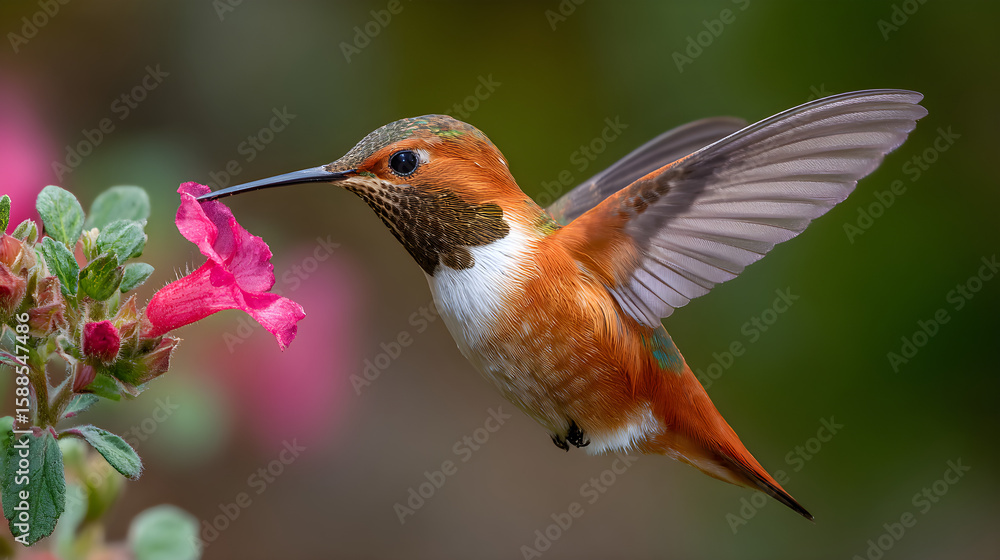 Fototapeta premium Hummingbird feeding from a flower, rapid wing motion, vibrant colors 