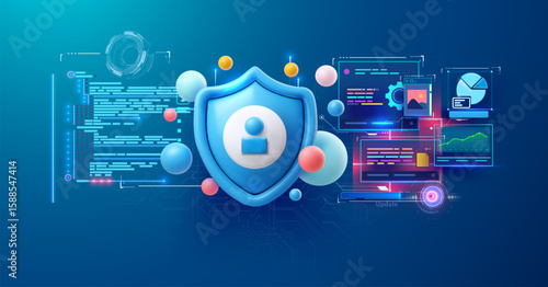 3D blue shield bearing a user avatar hovers among colorful spheres and holographic code windows, symbolising cybersecurity, data-privacy protection and secure software interfaces across futuristic