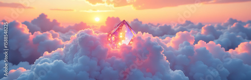 delicate cluster iridescent crystals suspended soft pastel cloud bank set aflame warm sunset hues gentle wisps