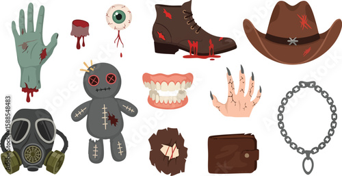 Halloween Horror Collection: A spooky assortment of Halloween-themed vector graphics, including a zombie hand, eyeball, bloody boot, cowboy hat, voodoo doll, dentures, claw hand, chain, gas mask.