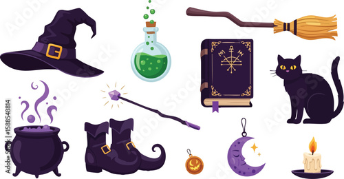 Enchanting Halloween Icons: A whimsical collection of mystical symbols come together, with witch hat, potion bottle, broom, spellbook, cat, cauldron, wand, boots, moon and candle.