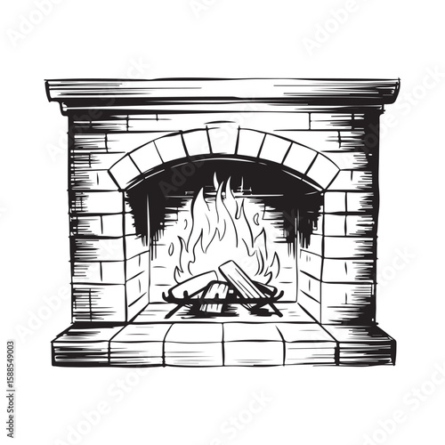 Rustic brick fireplace with burning logs and archway