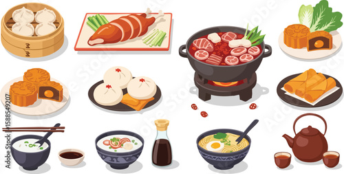 A Culinary Journey A mouthwatering flatlay of various Asian cuisines including savory steamed buns, and dumplings, inviting a delightful culinary adventure for food enthusiasts.