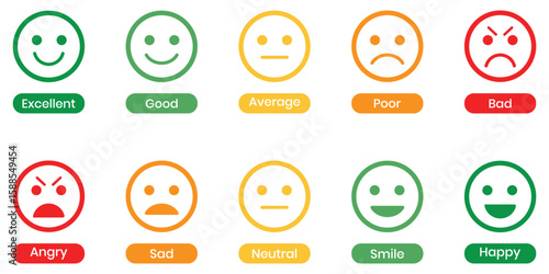Emoji set bar bad to good feeling indicator for customer feedback. Emoji faces collection. Emojis flat style. Bad and Good Review. happy, smile, neutral, sad and angry emoji. Vector illustration.