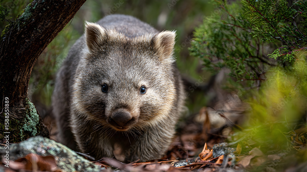 Naklejka premium Wombat in an Australian bush, cute and low to the ground, playful