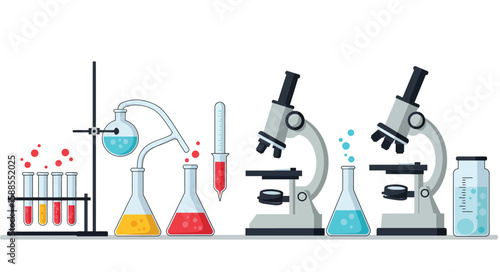 Colorful scientific lab equipment, including beakers, test tubes, microscopes, and flasks, arranged in a horizontal row.