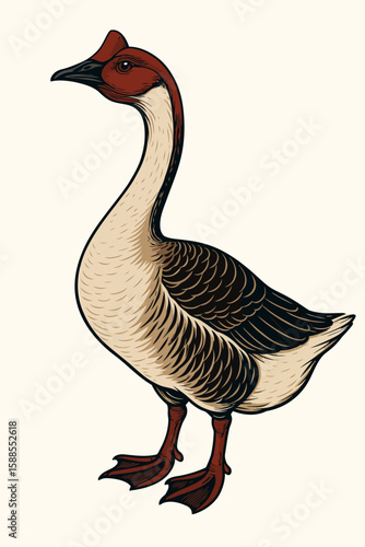 The image features an artistic illustration of a goose standing upright, drawn in a vintage, woodcut or engraving style. The goose has a rich blend of earthy tones—cream-colored body feathers with dar