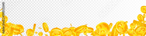 Japanese yen coins falling. Scattered gold JPY