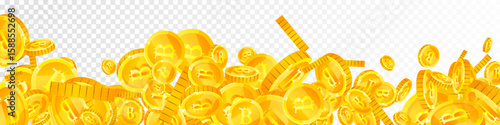 Bitcoin coins falling. Cryptocurrency scattered