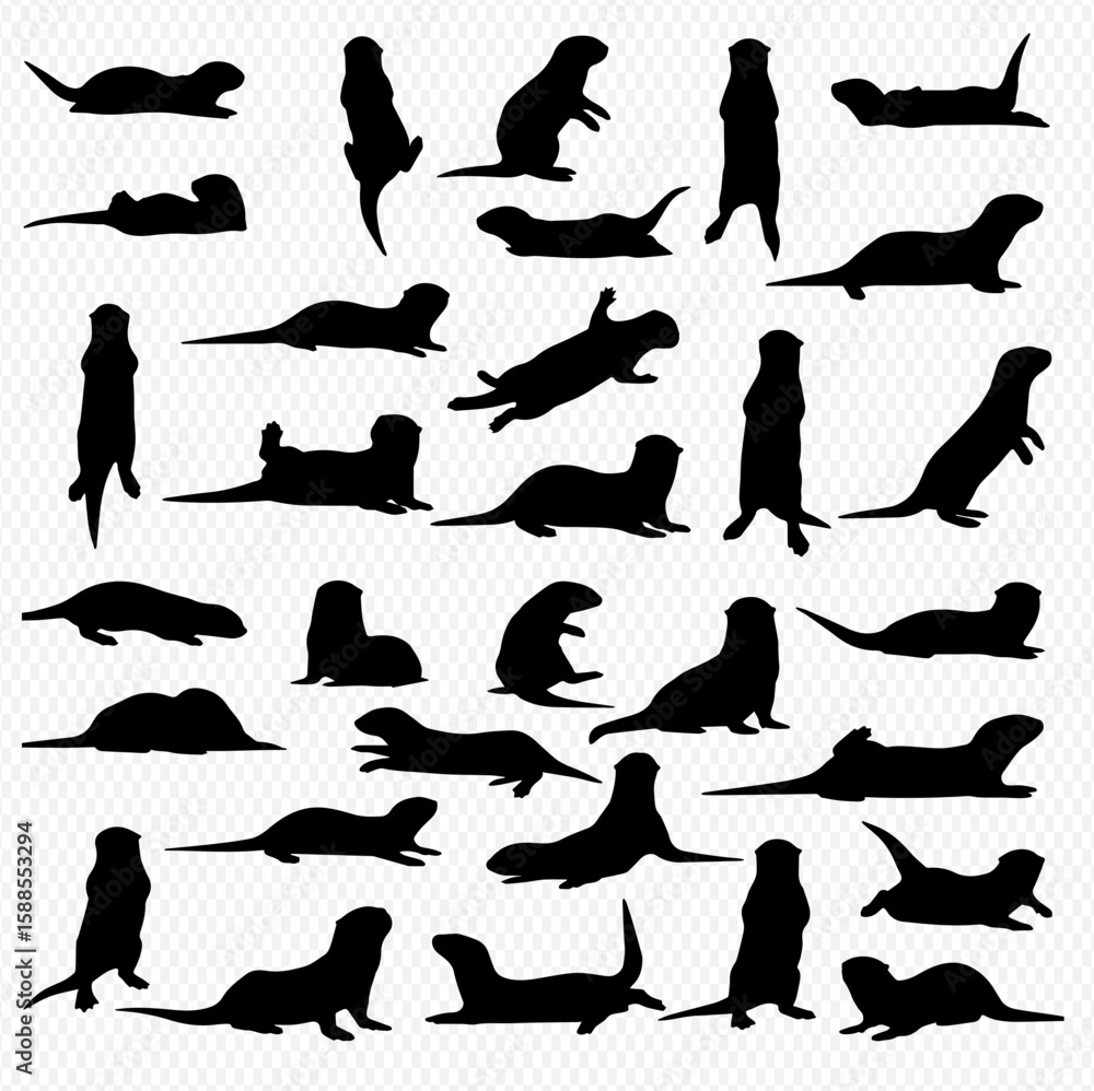 Obraz premium A collection of otter silhouettes in various poses, including standing, swimming, lying down, and looking around, all isolated on a transparent background.
