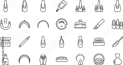 A collection of various beauty and manicure related icons arranged in a grid pattern on white background