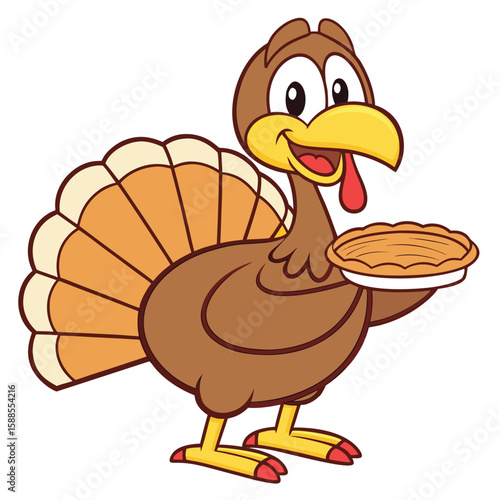 Happy cartoon turkey holding a delicious pie