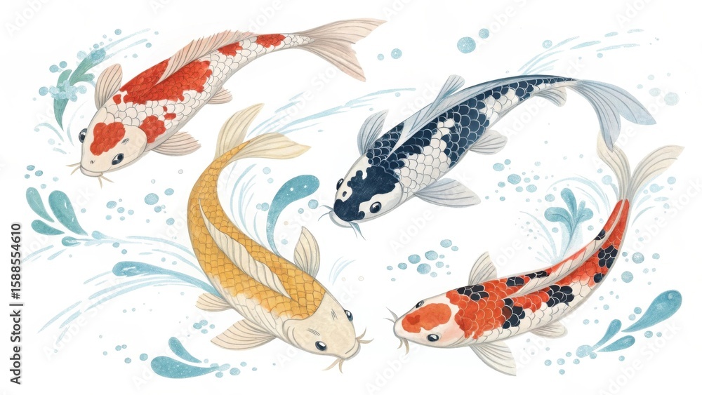 Fototapeta premium Colorful Japanese Koi Fish Set – Watercolor Illustration with Splash Elements