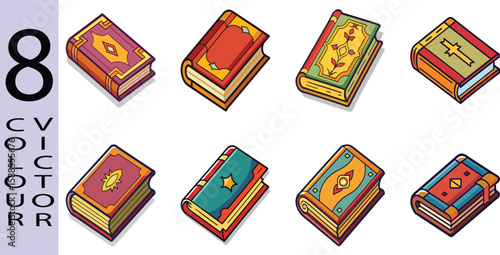 Flat Ancient Book Illustration Medieval Tome and Fantasy Spellbook Vector Icon,8 COLOUR VICTOR.