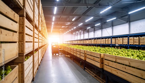 Warehouse full of wooden crates of produce
