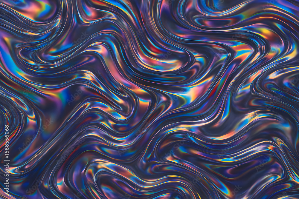Obraz premium Abstract Iridescent Fluid: A mesmerizing display of iridescent colors swirls and flows across a fluid surface, creating a captivating visual symphony of light and texture.