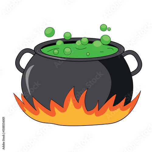 cauldron with magical green bubbling potion on fire isolate on white background halloween