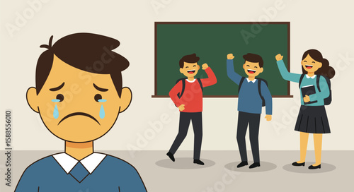 A sad student contrasts with happy classmates in a classroom setting, highlighting social exclusion.