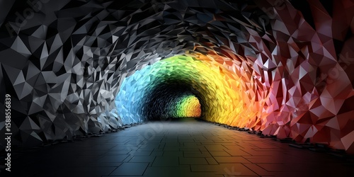 Fototapeta Naklejka Na Ścianę i Meble -  Abstract Rainbow Tunnel with Colorful Geometric Walls and Dark Floor.