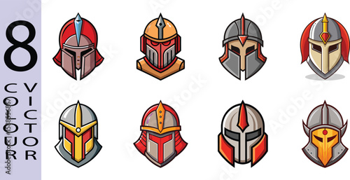 Flat Knight Helmet Illustration Medieval Armor and Warrior Vector Icon,8 COLOUR VICTOR.