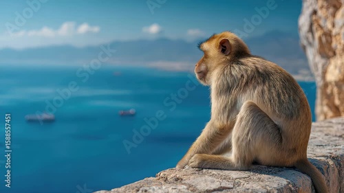 Barbary Macaque overlooking the ocean majestic view Gibraltar, 4k video footage, loop, animation