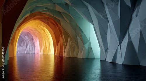 Fototapeta Naklejka Na Ścianę i Meble -  Abstract Rainbow Tunnel with Colorful Geometric Walls and Dark Floor.