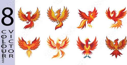 Flat Phoenix Illustration Mythical Fire Bird and Rebirth Vector Icon,8 COLOUR VICTOR.
